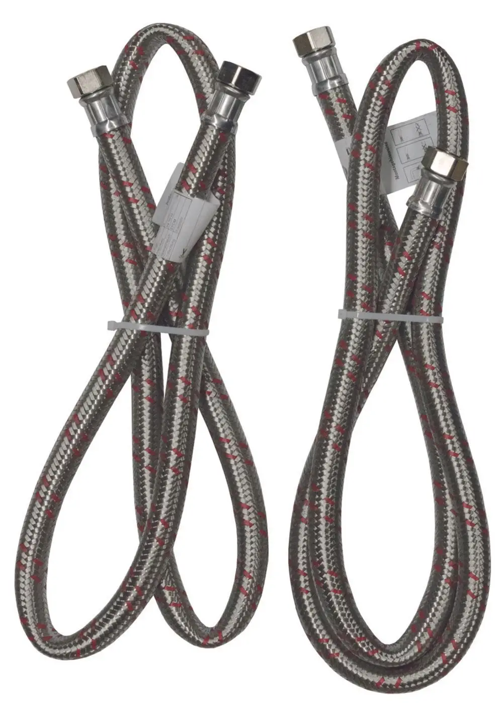 Zwei flexible Hochdruckschläuche mit Metallanschlüssen und gewebter Ummantelung, geeignet für den Einsatz mit Judo-Geräten.